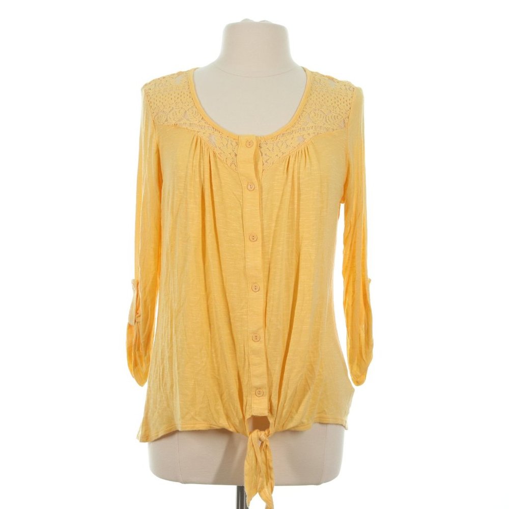 One World Women's Yellow Floral Lace Tie Button Up Blouse Top